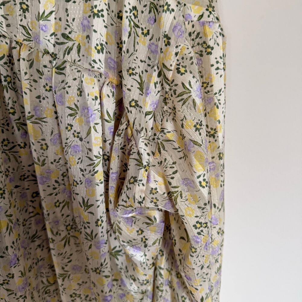 ZARA Preppy Summer Blouse Floral V-Neck Collared Balloon Sleeve Pleated Top - Picture 12 of 15